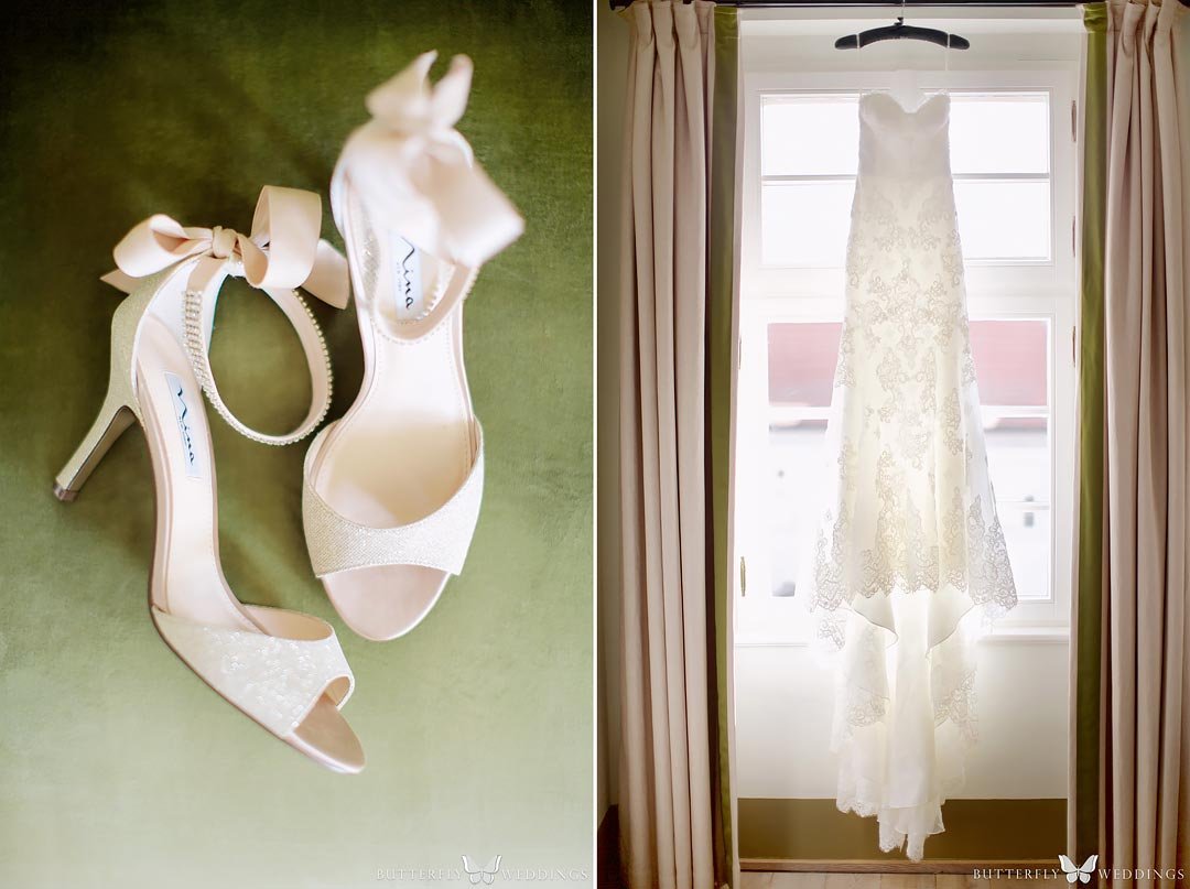 Wedding shoes and laced wedding dress