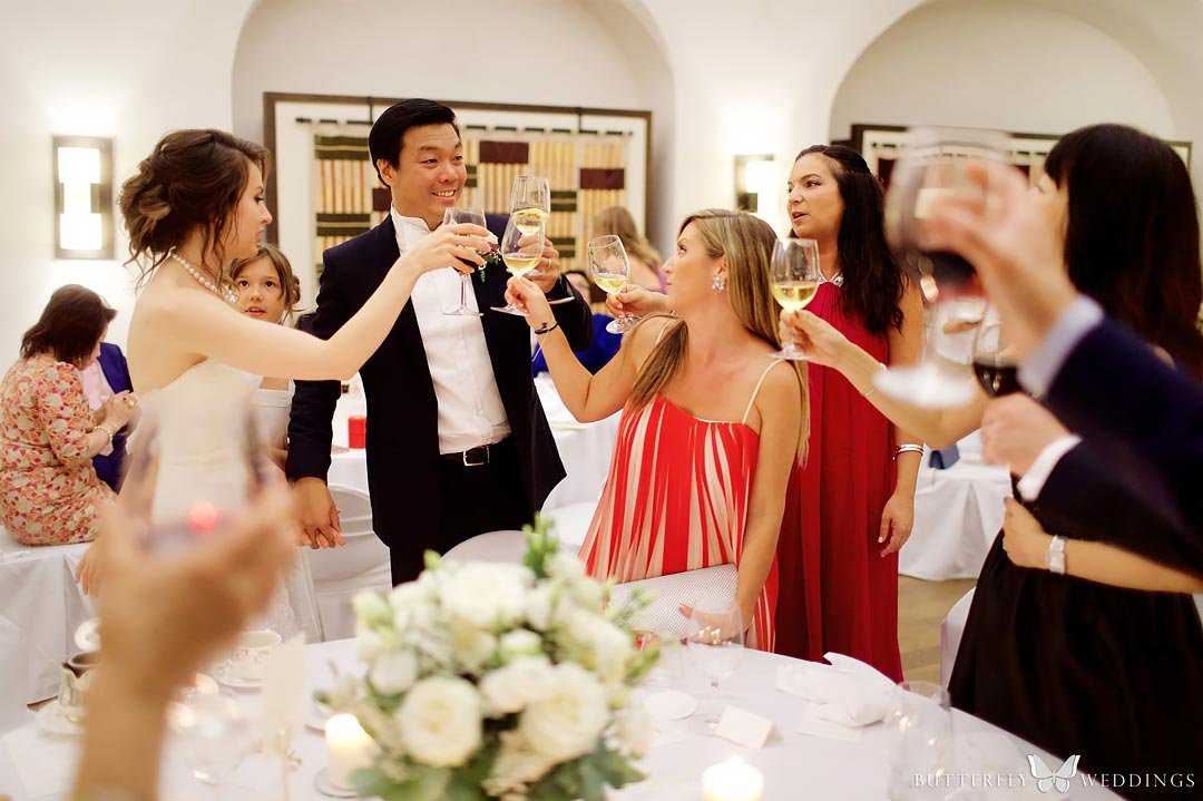 Wedding party celebrating destination wedding in Prague