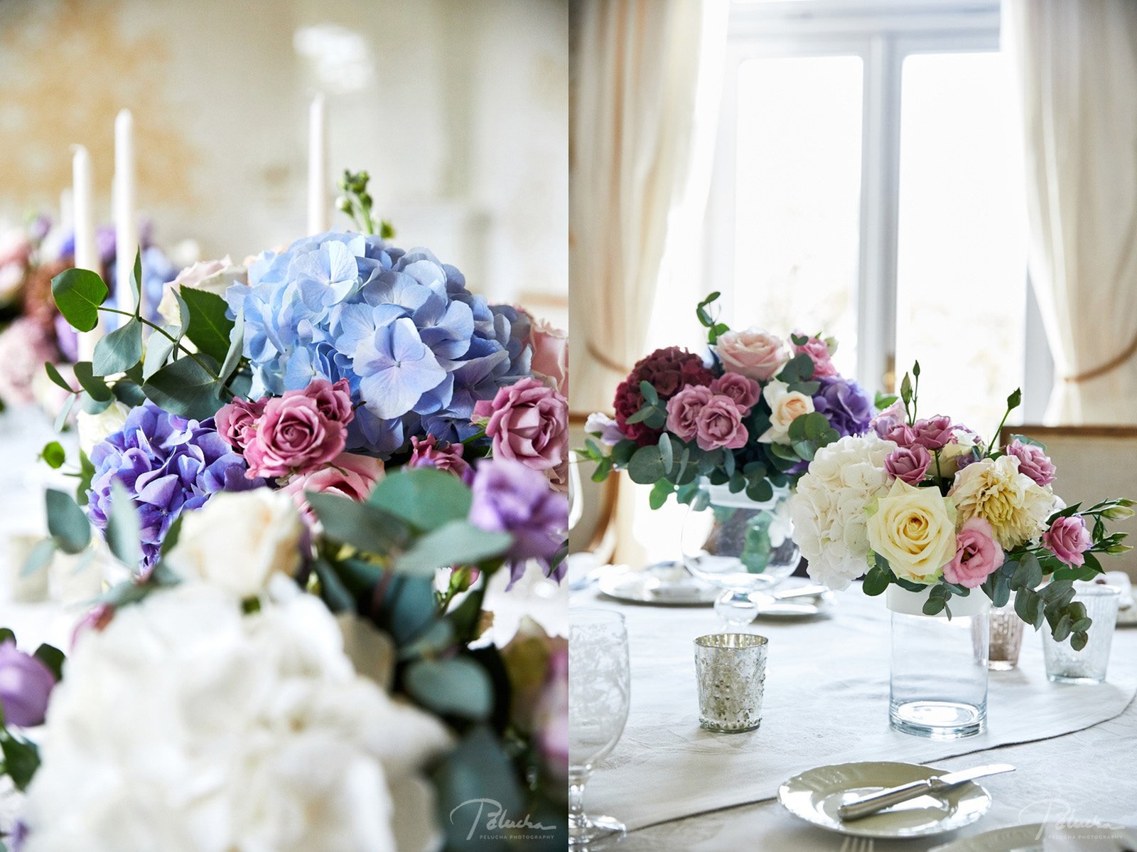 Svatební květinová výzdoba růžová fialová chateau mcely