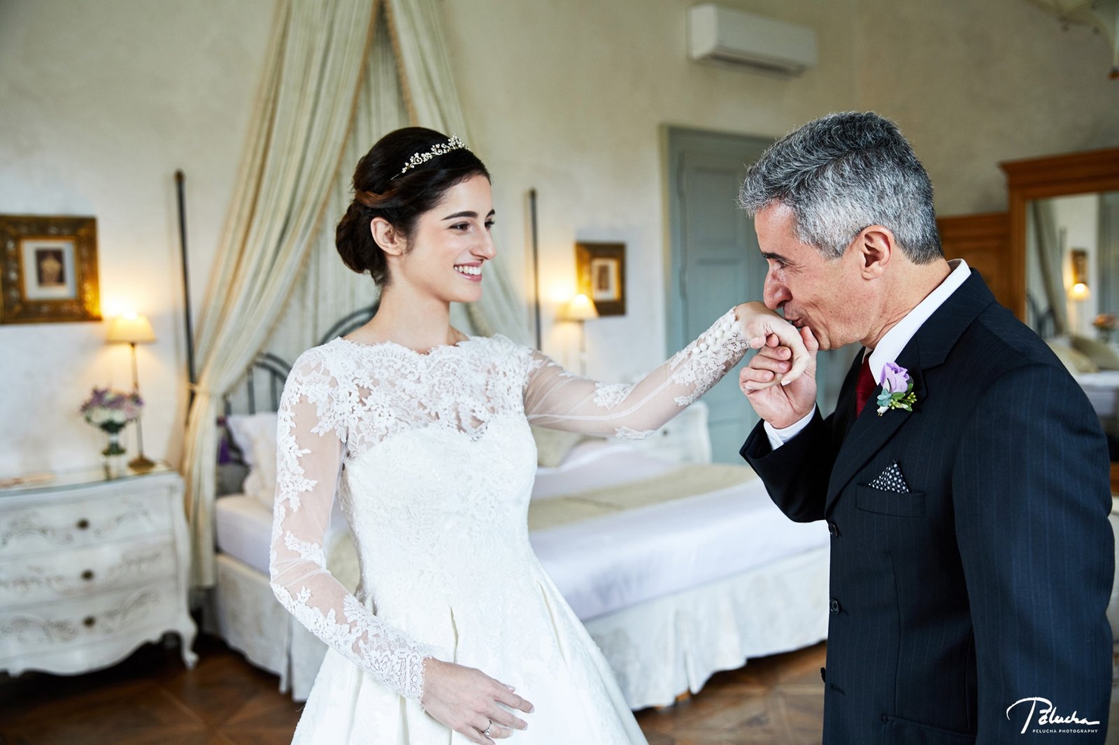 bride meets father at wedding chateau mcely