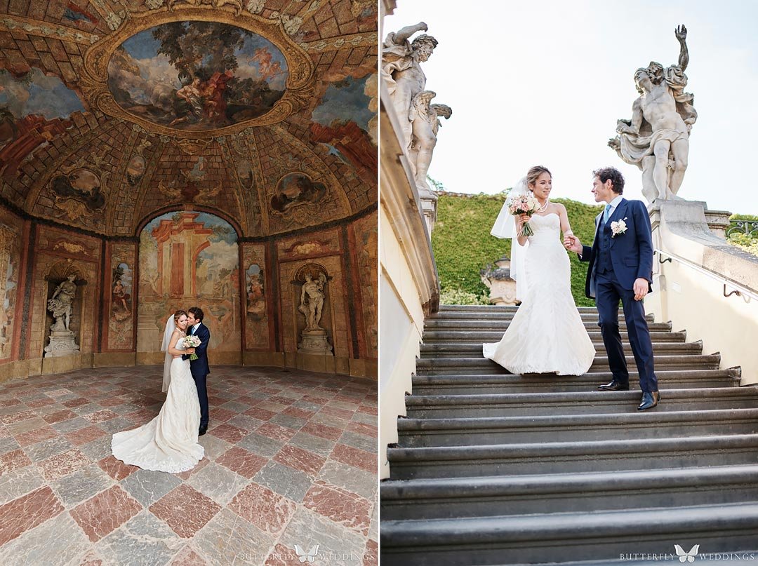 Bride and groom photo session in Vrtba garden in Prague