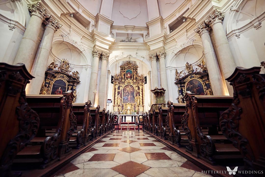 Interier of St. Joseph at Lesser Town, beautiful church for Roman-Catholic wedding ceremony in Prague